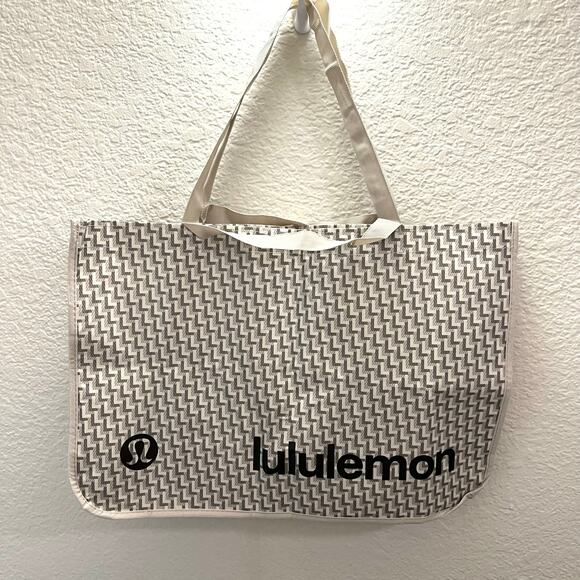 Lululemon Handbags - NEW Lululemon Extra Large Reusable Tote Bag Beige Geometric Logo Shopping Gym